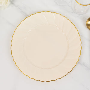 10-Pack Plastic Round Dinner Plates 10" Ivory with Gold Flair Rim - Disposable Party Plates for Classy Events & Celebrations