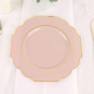 10-Pack Plastic Dessert Appetizer Plates 8" Blush Baroque Design with Scalloped Gold Rim - Heavy Duty Disposable Salad Plates