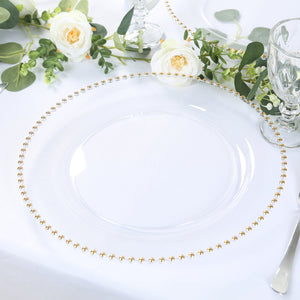 10-Pack Economy Plastic Charger Plates 13" Round Clear with Gold Beaded Rim - Stylish Dinner Party Serving Plates