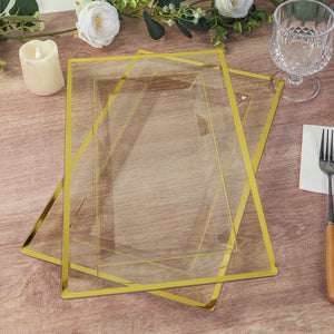 10-Pack Plastic Rectangle Serving Trays 13"x8" Clear with Gold Rim - Classy Disposable Party Platters for Appetizers Pastries Desserts