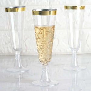 12-Pack Plastic Champagne Flutes 5oz Clear with Gold Rim - Disposable Toasting Glasses with Detachable Base 6"