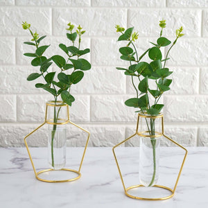 2-Pack Gold Metal Frame Test Tube Vase Flower Stands 6.5" Geometric Design - Decorative Centerpieces