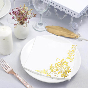 20-Pack Paper Dinner Napkins 3 Ply Metallic Gold with Floral Design - Disposable Wedding Cocktail Napkins