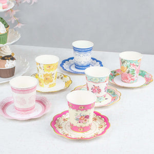 24-Pack Paper Cup and Saucer Set in Mixed Vintage Floral Print - Disposable Tea Party Supplies Kit for Garden & Floral Themed Events