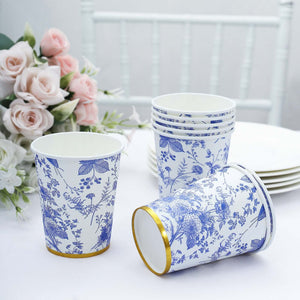 24 Pack Paper Cups in White Blue French Toile Pattern with Gold Rim, Elegant Disposable Party Cups - 9oz