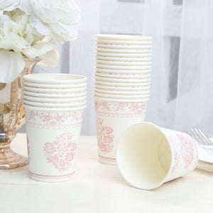 24 Pack Paper Cups in White Pink Damask Floral Pattern, Elegant Disposable Party Cups - 9oz