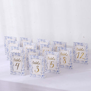 25-Pack Paper Wedding Table Numbers 7" White/Blue French Toile Design with Gold Foil Numbers 1-25 Chic Free Standing Double Sided Table Sign Cards