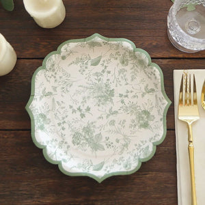 25-Pack Paper Round Dessert Plates 8" White with Sage Green French Toile Design & Scalloped Rim - 300GSM Disposable Salad Appetizer Plates for Chic Table Decor