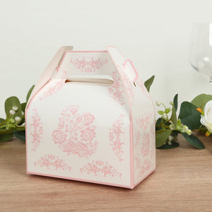 25 Pack White Pink Party Favor Tote Gable Boxes in Damask Floral Pattern, Candy Treat Gift Boxes - 6"x3.5"x7"