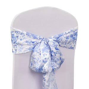 5 Pack Satin Chair Sashes 6"x108" White/Blue French Toile Floral Pattern - Smooth & Durable Chair Bows for Chic Weddings, Parties & Events