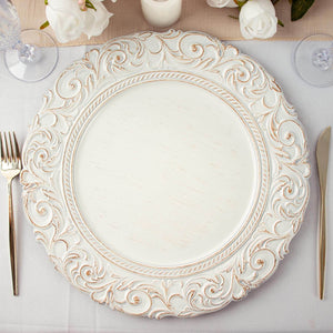 6-Pack Acrylic Charger Plates 14" Round Antique White Gold with Engraved Baroque Rim - Vintage Disposable Decorative Chargers