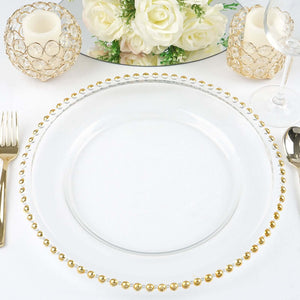 8-Pack Glass Charger Plates 12" Round Clear with Gold Beaded Rim - Event Tabletop Decorative Dinner Charger Tableware