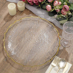 8-Pack Glass Charger Plates 13" Round Clear Gold Sunflower Scalloped Rim - Decorative Dinner Chargers