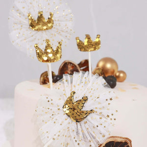 9-Pack Sequin Crown and Tutu Cupcake Cake Toppers Gold - Dazzling Princess Themed Cake Inserts DIY Party Decoration Supplies