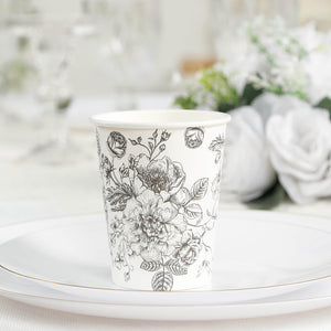 50-Pack Paper Cups 9oz White with Black French Toile Print - Chic Disposable Floral Party Cups for Hot & Cold Beverages
