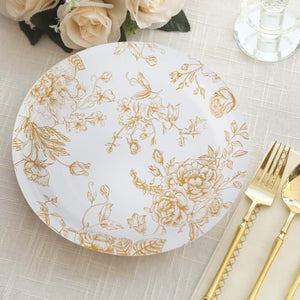 25-Pack Paper Round Dinner Plates 9" White with Gold French Toile Pattern - Disposable Floral Party Plates for Chic Events