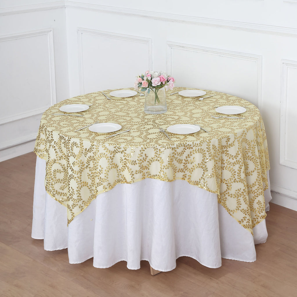 CV Linens 6364us Embroidery Organza Table Overlay Topper-228CM x 228CM, Square, Gold & Ivory
