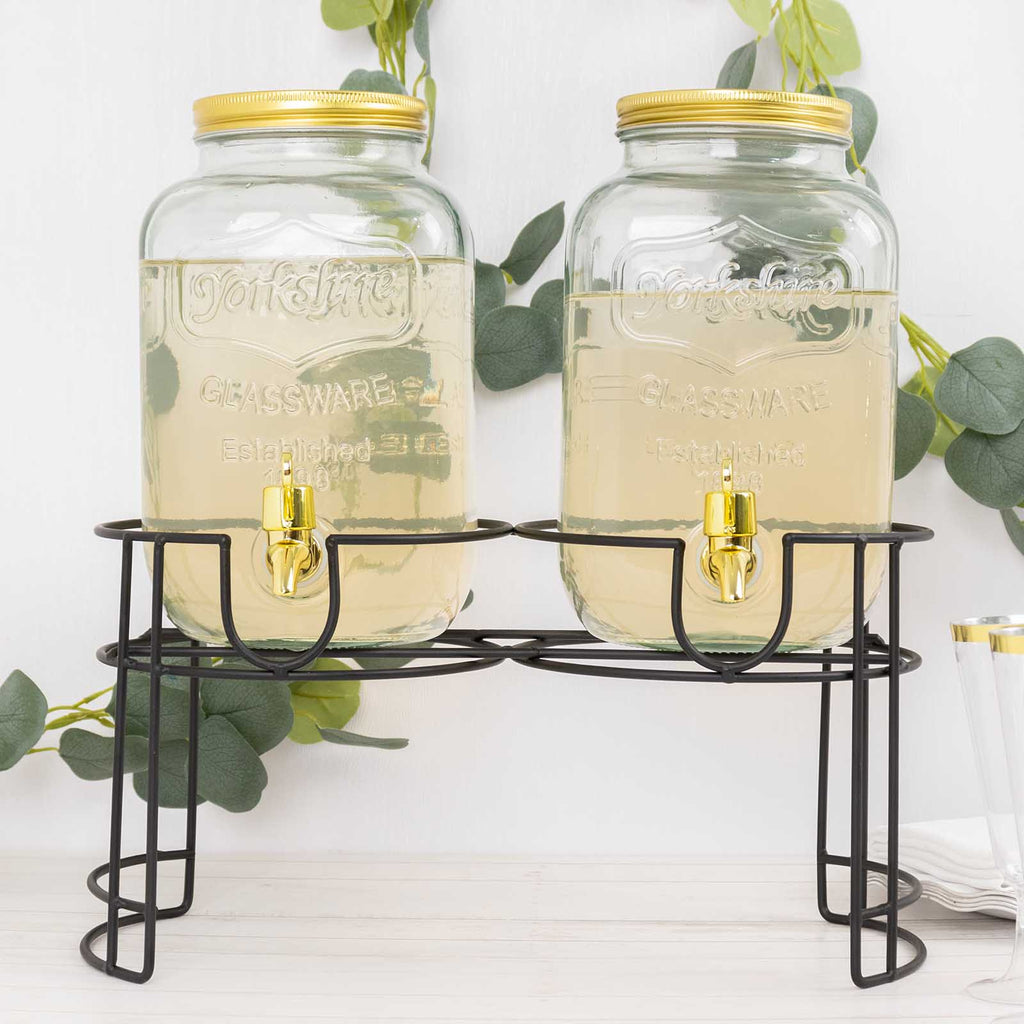 2 Pack Clear Dual Gallon Glass Beverage Dispenser Stand With Gold Lids