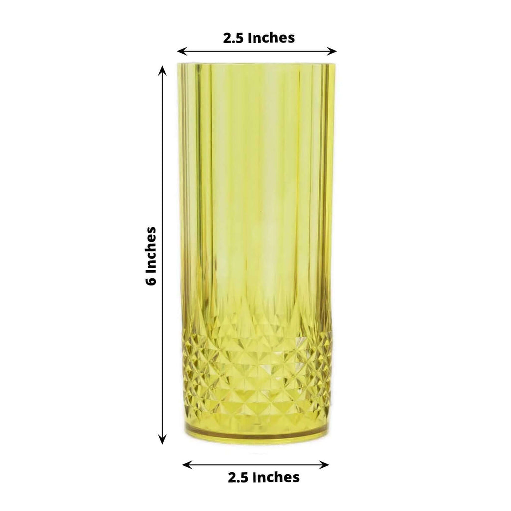 6 Pack Green Crystal Cut Reusable Plastic Highball Drink Glasses,  Shatterproof Tall Cocktail Tumbler Cups - 14Oz