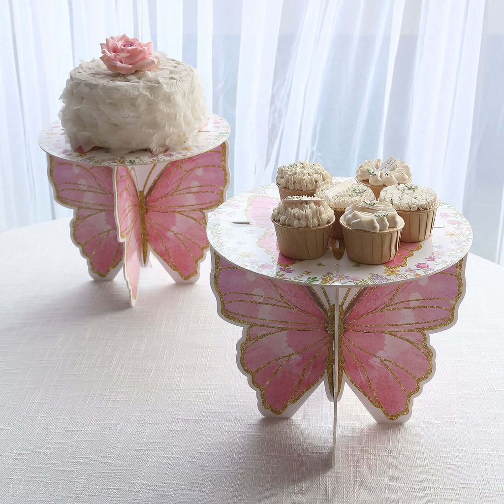 White Pink Glitter Butterfly Cake Stand eFavormart