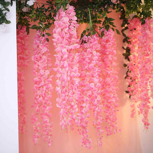 Artificial Silk Hanging Wisteria Flower Garland Vines in Pink, 5 Full Strands in 1 Bush - 42"