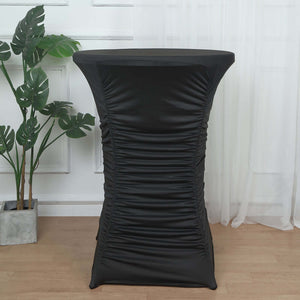 Heavy Duty Spandex Fitted Round Cocktail Table Cover 30" Black Ruched Pleated - Durable Stretch Tablecloth
