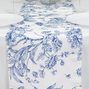 Polyester Table Runner 12"x108" White with Blue French Toile Floral Print - Exquisite Reusable Table Décor