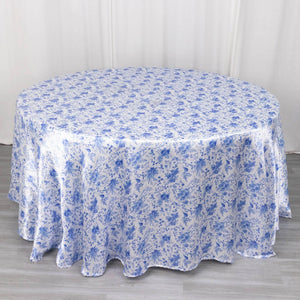 Satin Round Tablecloth 120" White/Blue French Toile Design - Seamless, Polished & Wrinkle-Resistant Table Cover