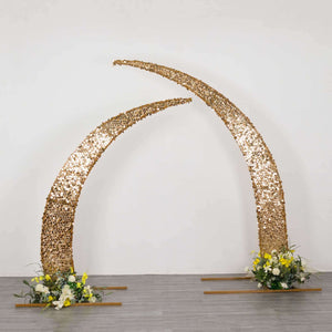 Set of 2 Gold Big Payette Sequin Wedding Arch Cover for Half Crescent Moon Backdrop Stand, Sparkly Double Sided - 6.5ft, 8ft
