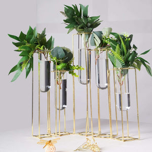 Set of 5 Gold Frame Test Tube Hydroponic Vases 12" Conjoined Geometric Design - Wedding Centerpieces