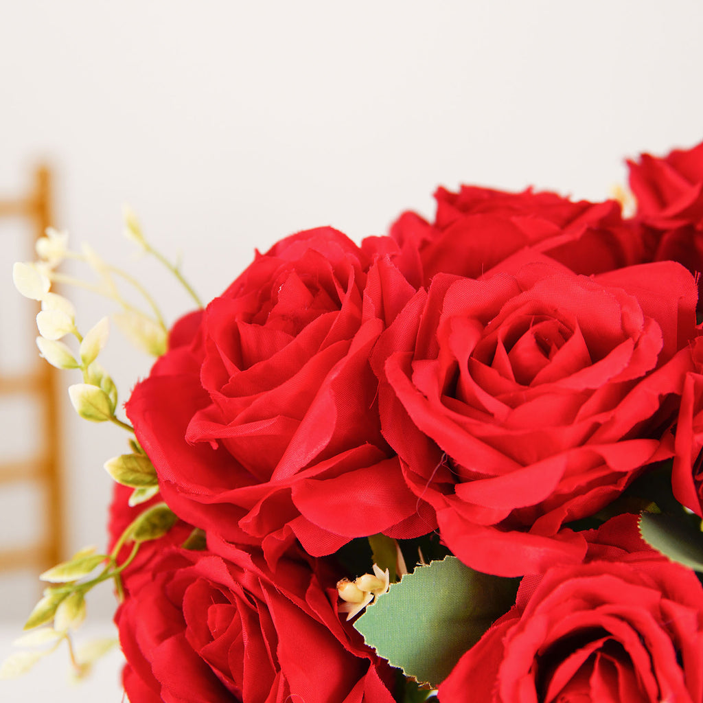 2 Bushes Red Artificial Silk Rose Flower Arrangements, Real Touch Long Stem  Flower Bouquet 18