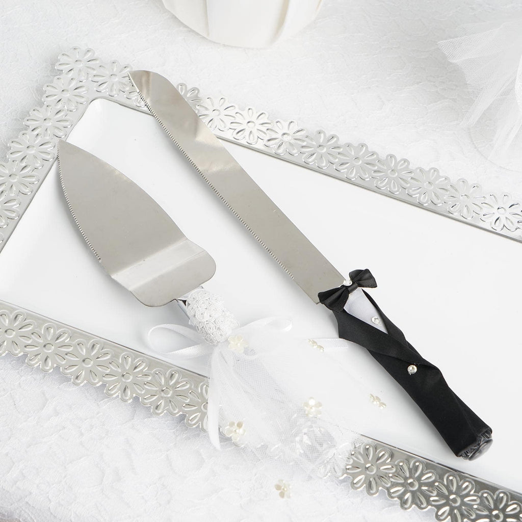 Wedding Cake Knife Server and Forks Set with Black Handle and Gold Ring