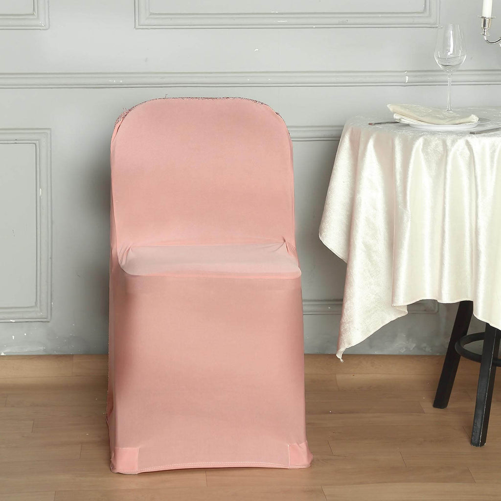 Blush Spandex Stretch Banquet Chair Cover, Fitted with Metallic Shimmer  Tinsel Back