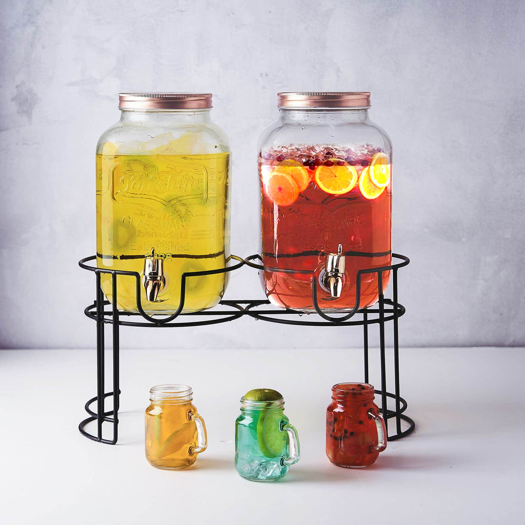 Dual Gallon Glass Beverage Dispensers with Decorative Metal Stand