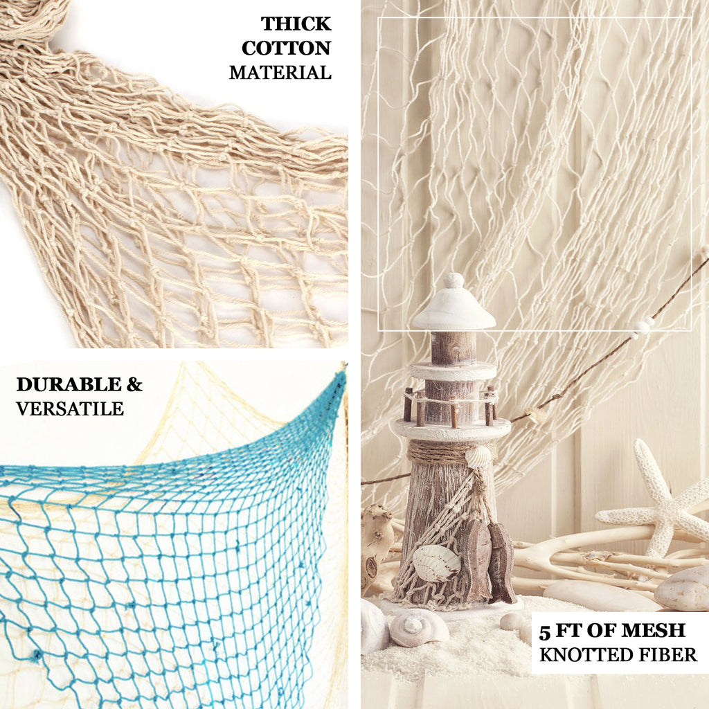 5ftx5ft Natural Cotton Decorative Fish Net With Ties, Rustic Beach