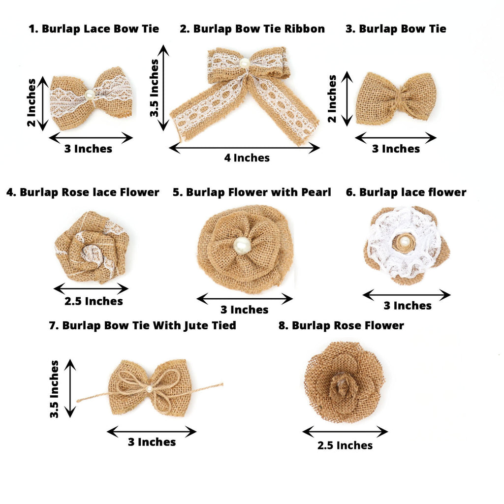 24 Natural Burlap Ribbons Assorted Pre Tied Bows and Flowers