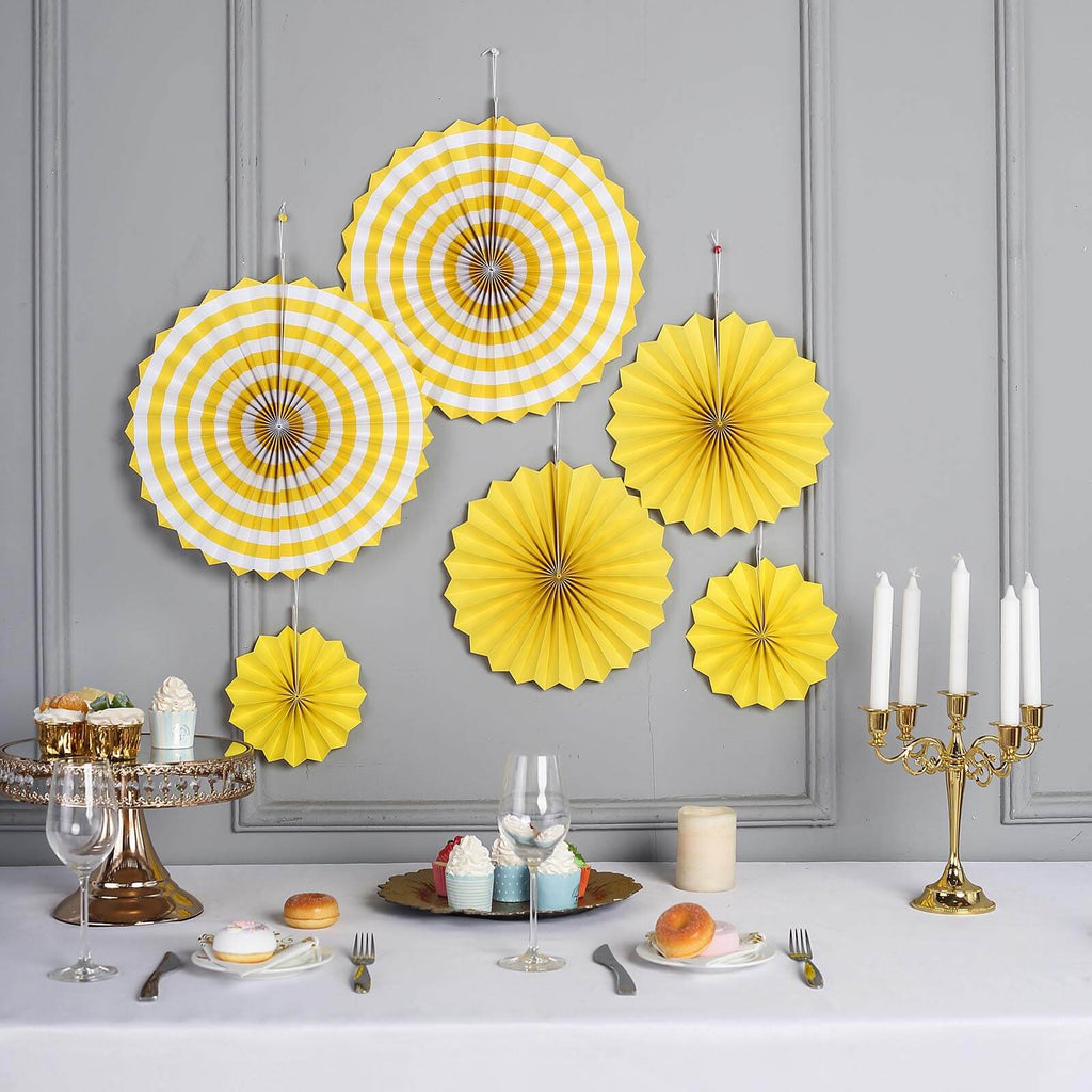 6x Yellow White Hanging Paper Fans Birthday Party Flowers Wedding Decor  Striped