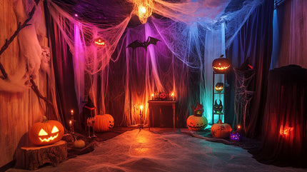 Colorful and eerie Halloween decor with glowing pumpkins, cobwebs, and hanging bats for a dramatic Halloween backdrop.