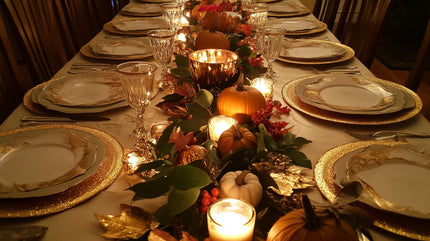 Elegant Thanksgiving table with pumpkins, candles, and greenery as a DIY Thanksgiving centerpiece.