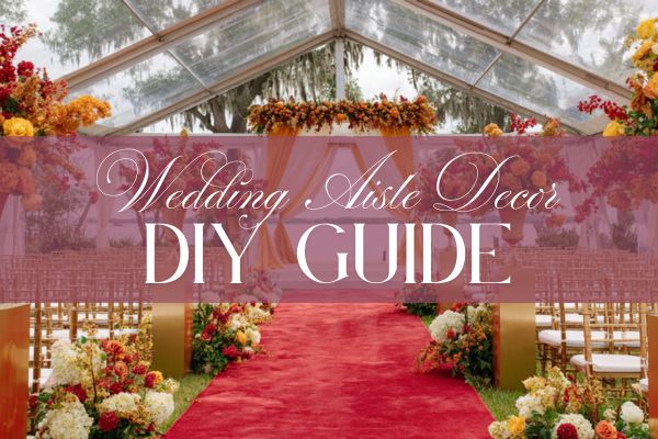 Elegant red carpet wedding aisle decor under a clear tent with bold floral arches.