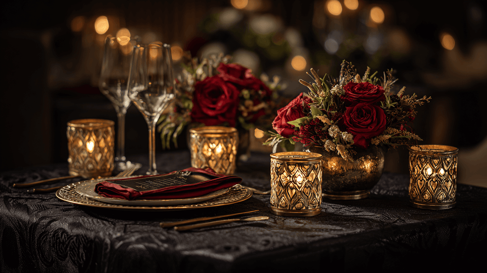 Gold, Burgundy, and Black Table Set up
