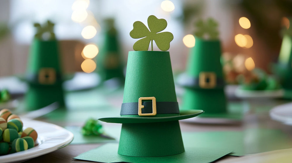 A festive leprechaun hat-shaped party favor with a shamrock topper, perfect for a Saint Patrick's Day party table setting. 