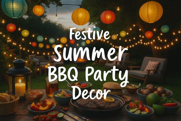 Colorful bbq party setup with lanterns, string lights, and festive table decor.