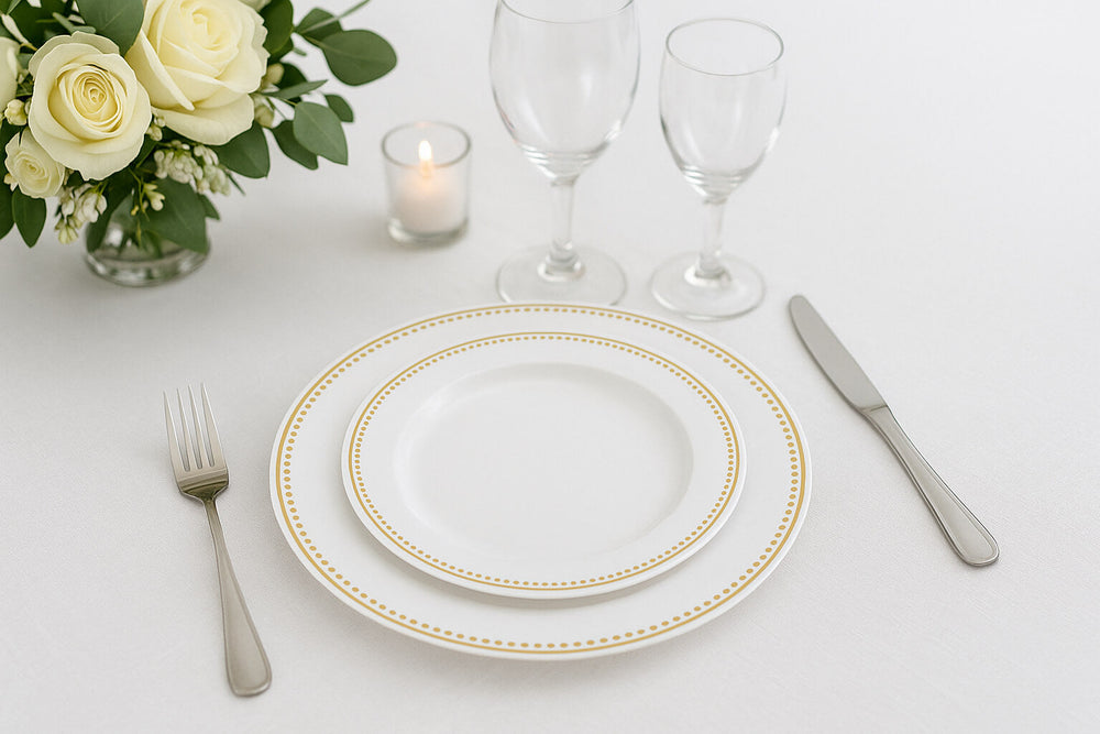 Elegant white plates with gold dots as part of chic disposable wedding dinnerware.