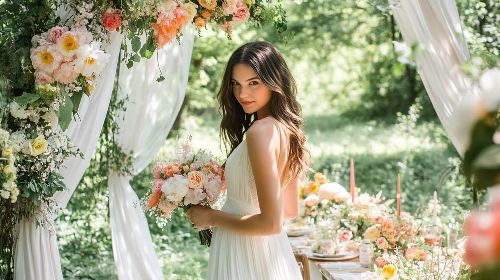 Outdoor event with floral arch, lush greenery, and elegant table setup, perfect for bridal shower themes.
