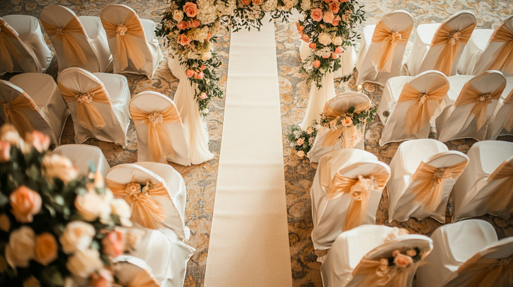 Rows of white chairs with gold sashes, showcasing elegant chair covers for wedding aisle decor.
