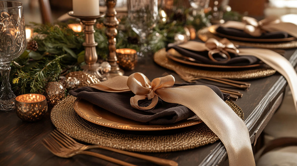 Elegant table setting featuring a dark brown and champagne color combination with gold accents.