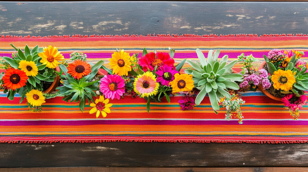 Colorful floral table runner for a festive Cinco de Mayo party setup.