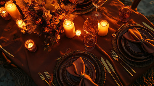 Luxurious table with candles, gold accents, and rich tones inspired by the color of the year.