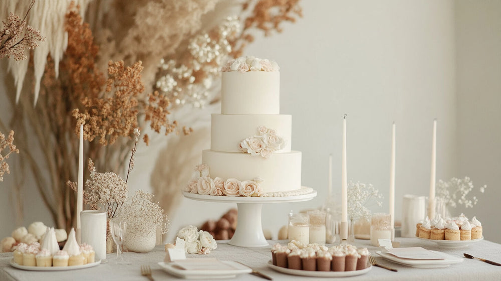 Dessert table set up with a white cake, cupcakes, and elegant floral accents.